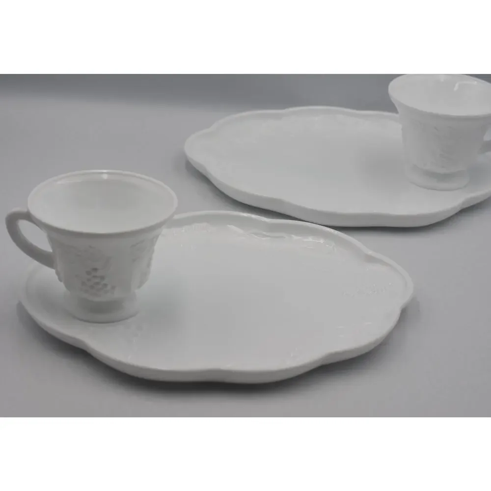 Indiana Colony White Harvest Milk Glass Grape Luncheon Snack Tray & Cup 4pc Set